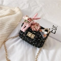 Miniature black tweed crossbody bag for girls featuring a cute pink plush bunny and flower - Black Rabbit
