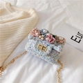 Mini borsa a tracolla in tweed azzurro per bambini con fiori 3D e catena dorata - Blu Con Camelia