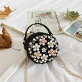 Mini round tweed shoulder bag for girls featuring black fabric and pink flower with pearls - Black
