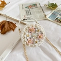 Mini round tweed shoulder bag with white flower and gold chain for young girls - White