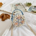 Mini round tweed handbag with 3D flowers and pearl lace detail in blue and white - Blue