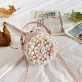 Pink tweed mini round bag with 3D floral accents and golden chain for little girls - Pink