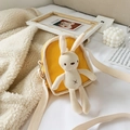 Kids yellow canvas crossbody bag featuring a 3D plush bunny and cream woven strap - Yellow