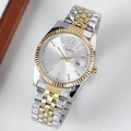 Minimalist silver and gold stainless steel men's watch with date window and fluted bezel - Two-tone White Dial