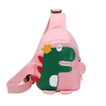 Pink kids dinosaur crossbody chest bag with cute cartoon patch and adjustable strap - Pink