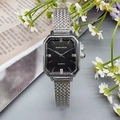 Elegant women's square silver watch with a black dial and sleek metallic mesh band - Silver Band Black Dial