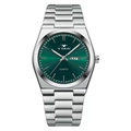 Detail of green sunray dial on men's quartz watch showing day and date window - Silver Case Green Dial