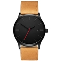 Minimalist quartz watch with black dial, red second hand and brown suede strap on white background - Brown Strap Black Dial