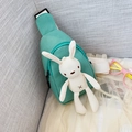 Green canvas kids chest bag with cute plush rabbit decoration and adjustable strap - Rabbit Green
