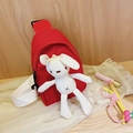 Kids cute red canvas crossbody chest bag with white bunny plush toy pendant - Rabbit Red
