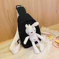 Kids black canvas chest bag featuring a cute white plush bunny and woven strap - Rabbit Black