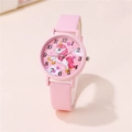Pink quartz watch for girls with cartoon unicorn pattern on dial and faux leather strap - Pink
