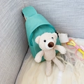 Mint green canvas kids chest bag with cute plush bear and white woven strap - Bear Green