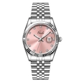 Montre femme élégante avec cadran rose, index en cristal et lunette cannelée argentée - Boîtier Argent Cadran Rose