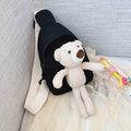 Cute black canvas crossbody bag for kids featuring a plush teddy bear and white strap - Black Bear