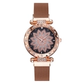Montre femme or rose avec bracelet magnétique et cadran floral orné de strass brillants - Or rose