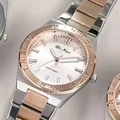 Montre quartz femme avec bracelet bicolore acier rose doré argent et cadran rose - Bicolore Or Rose Cadran Blanc