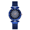 Women's quartz watch with blue floral diamond dial and mesh magnetic band - Blue