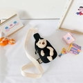 Black canvas kids chest bag with beige plush bear decor and adjustable shoulder strap - Black Bear