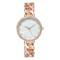 Elegante roségoldene Damenuhr mit Strass-Lünette und weißem Marmorzifferblatt am Kettenglied - Roségold