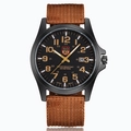 Men's military sport watch with black dial, orange numerals and brown canvas strap - Brown
