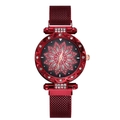 Elegant ladies quartz watch with burgundy mesh strap and diamond-encrusted floral dial - Red