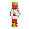 Detail van rood siliconen kinderhorloge met 3D-dinosauruspatroon en duidelijke wijzerplaat - Rood