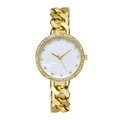 Details einer goldenen Kettenuhr für Damen mit Kristalllünette und Perlmutt-Zifferblatt - Gold