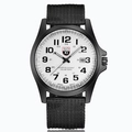 Detailed view of SOKI military sports watch face with white dial and black nylon strap - Black Strap White Dial