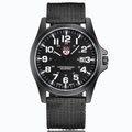 Close-up of military quartz watch with nylon strap, 200m water resistance and date window - Black Strap Black Dial