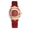 Women's quartz watch with reddish-brown bamboo strap and rose gold rhinestone dial - Red