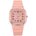 Dettaglio macro dell'orologio al quarzo quadrato rosa con trama intrecciata e cinturino - Rosa 2