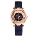 Women's quartz watch with rose gold case, blue bamboo leather strap and glitter dial - Blue