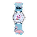 Dettaglio ravvicinato di un orologio per bambini con cinturino in silicone fenicottero - Celeste