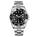 Men's silver steel quartz watch with black dial and luminous markers on white background - Black