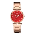 Fashionable women's quartz watch with rose gold strap and sunburst red dial - Red