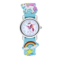 Detailansicht der Kinder Quarzuhr mit 3D Einhorn und Regenbogen Silikonarmband - Himmelblau