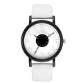 Minimalist quartz watch with black metal case and white leather strap featuring unique dial - White