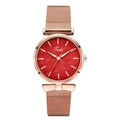 Κομψό γυναικείο ρολόι rose gold με μπρασελέ mesh και βαθύ κόκκινο καντράν με σχέδιο φύλλου - Κόκκινο