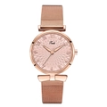 Detail of rose gold mesh strap watch featuring geometric dial and Arabic numerals - Pink Dial