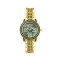 Detail view of a luxury gold watch with emerald green stones and diamond numeral markers - Gold Green