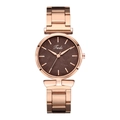 Detail of rose gold mesh watch with brown leaf-patterned dial and quartz movement - Brown Dial