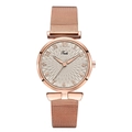 Detail of rose gold mesh strap watch featuring ivory sunray dial and Arabic numerals - Grey Dial