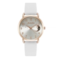 Elegant ladies watch with white leather strap and moon star detail on rose gold dial - White