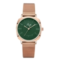 Close-up of rose gold mesh band and dark green dial with minimalist metal indexes - Green