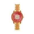Macro detail of gold ladies watch featuring a red rhinestone dial and numeric markers - Gold Red