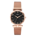 Women's rose gold mesh strap watch with a floral texture black dial and rose gold numerals - Black