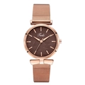 Gros plan d'une montre en maille or rose avec cadran marron et détails de motif de feuille - Cadran Marron