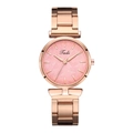 Detail view of rose gold mesh strap watch with elegant pink leaf pattern dial and Tadi logo - Pink Dial
