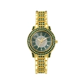 Detail of gold quartz watch featuring a green dial with crystal-encrusted bezel and numbers - Gold Green
